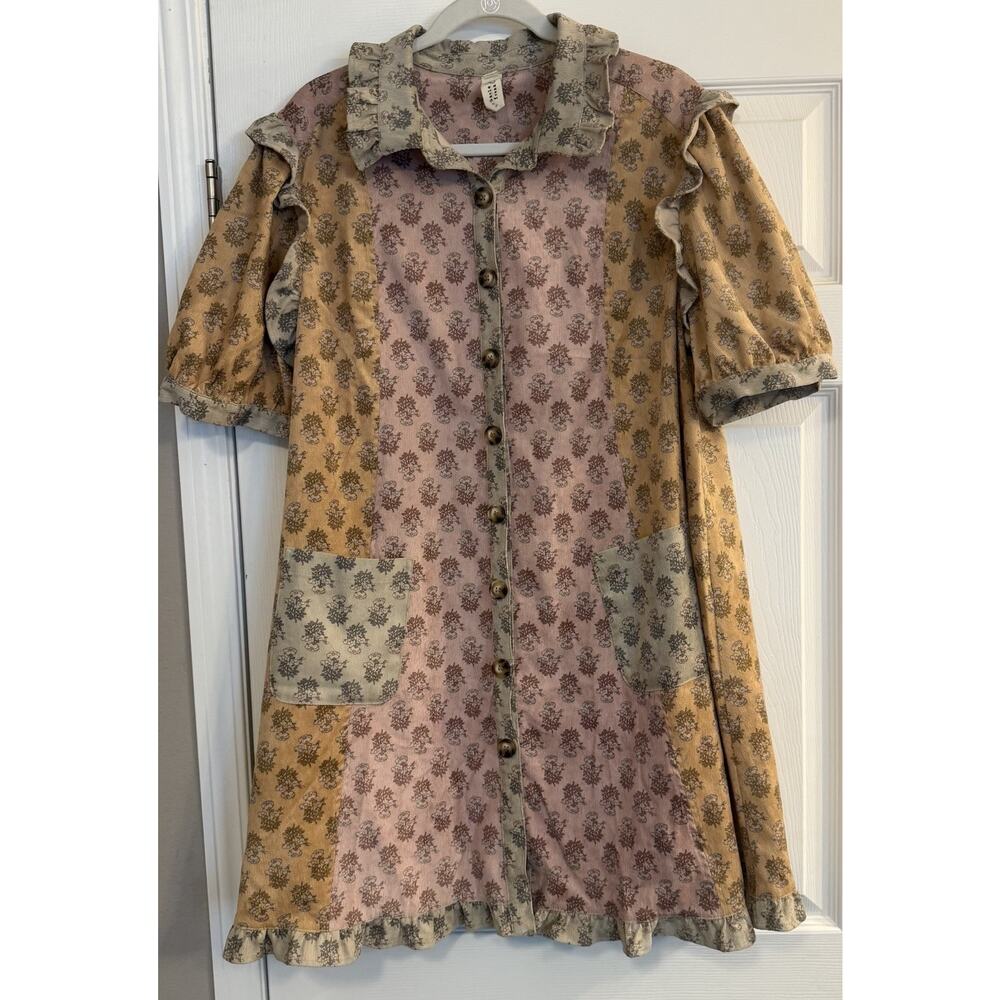 Uncle Frank Patchwork Floral Mini Dress in Pink, Mustard, Sage